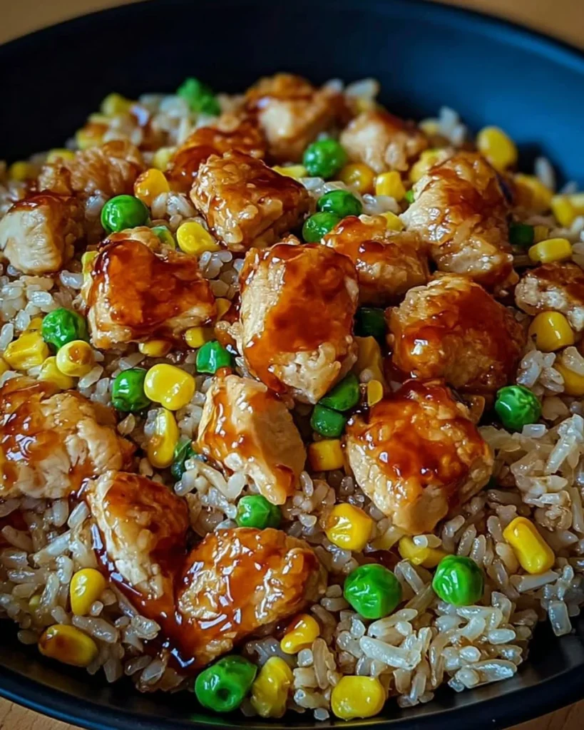 Delicious Bang Bang Chicken Fried Rice served in a bowl with vibrant ingredients.