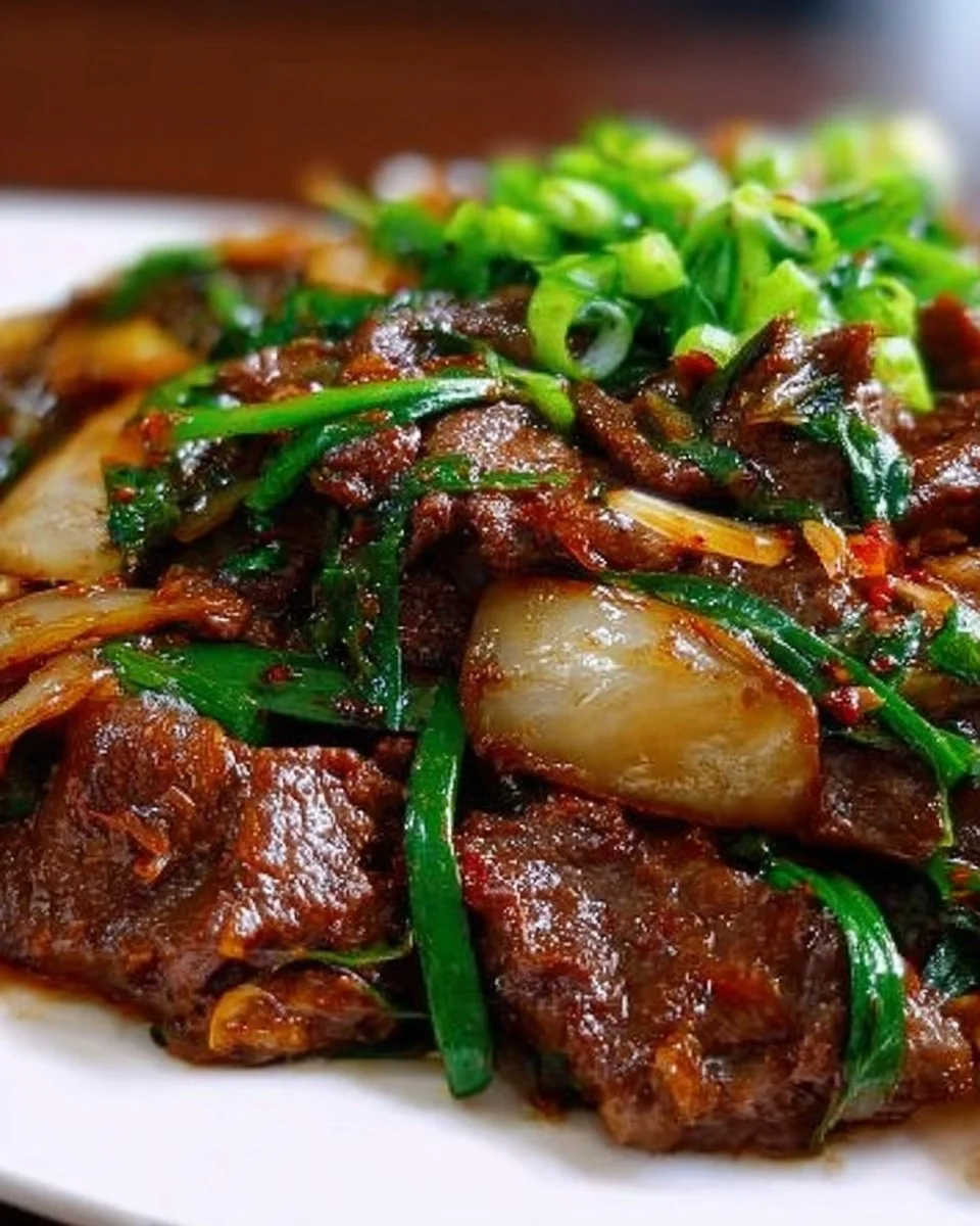 Plate of Beef with Chinese Onions garnished and ready to serve.