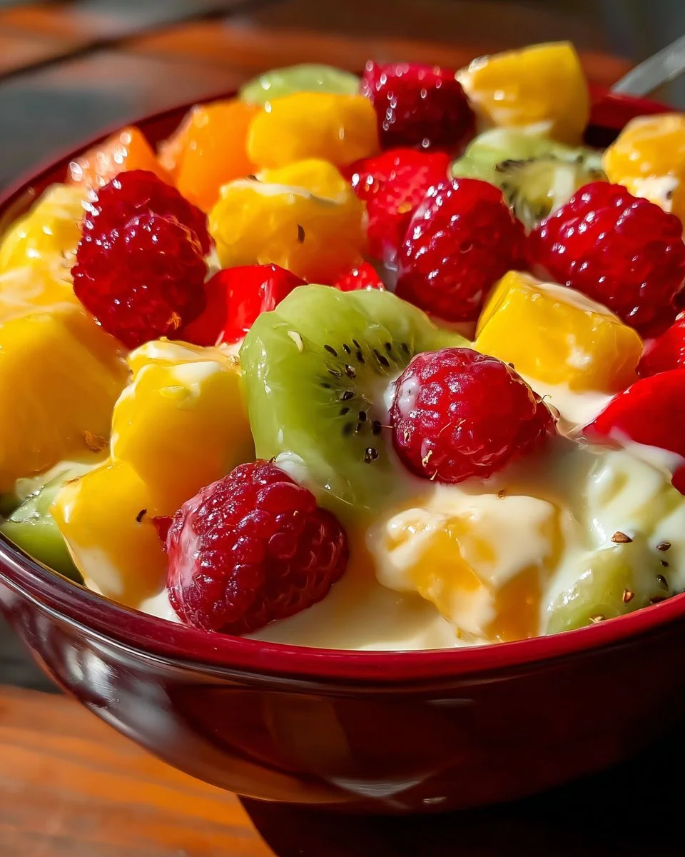 Colorful Better Than Sex Fruit Salad with mixed fresh fruits and toppings