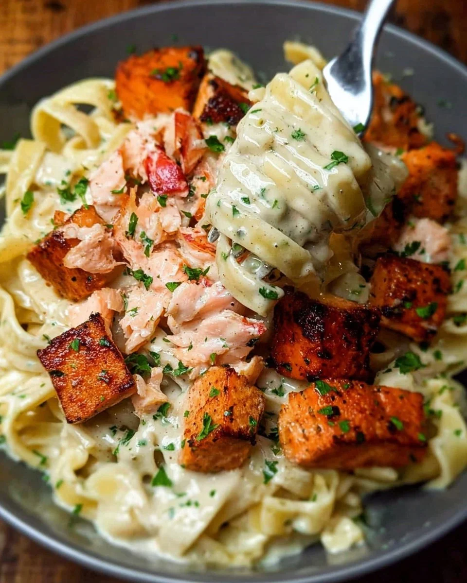Cajun Lobster Crab Alfredo with salmon served in a creamy sauce