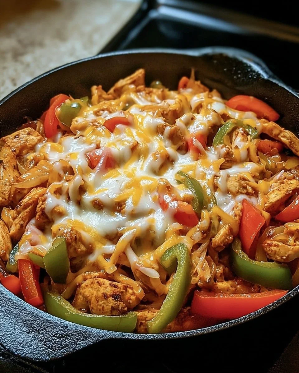 Cheese Chicken Fajita Skillet with colorful peppers and melted cheese