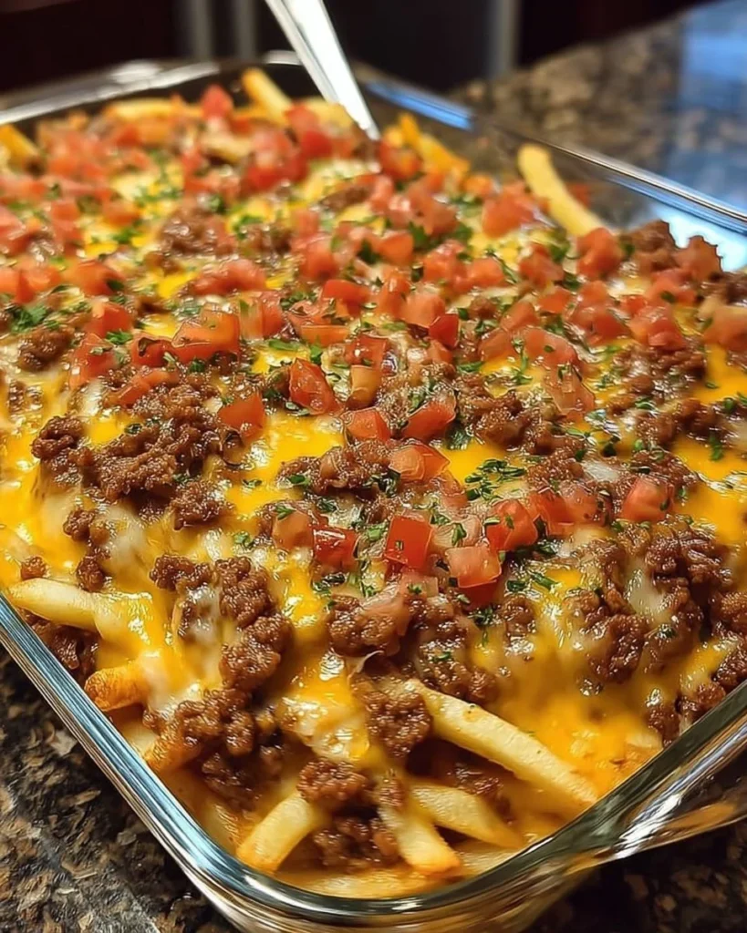 Cheeseburger Casserole with French fries and melted cheese