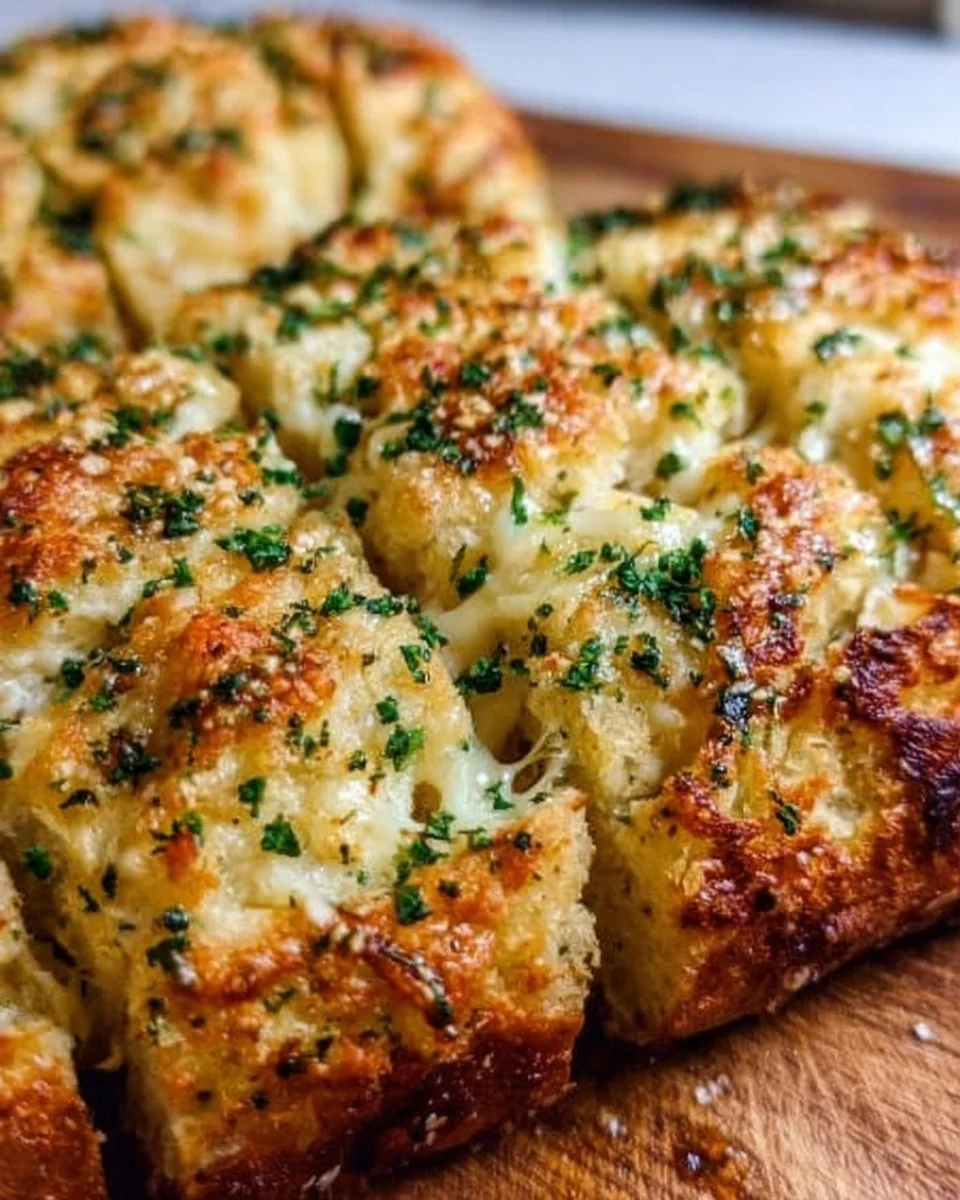 Homemade cheesy garlic bread topped with melted cheese and herbs