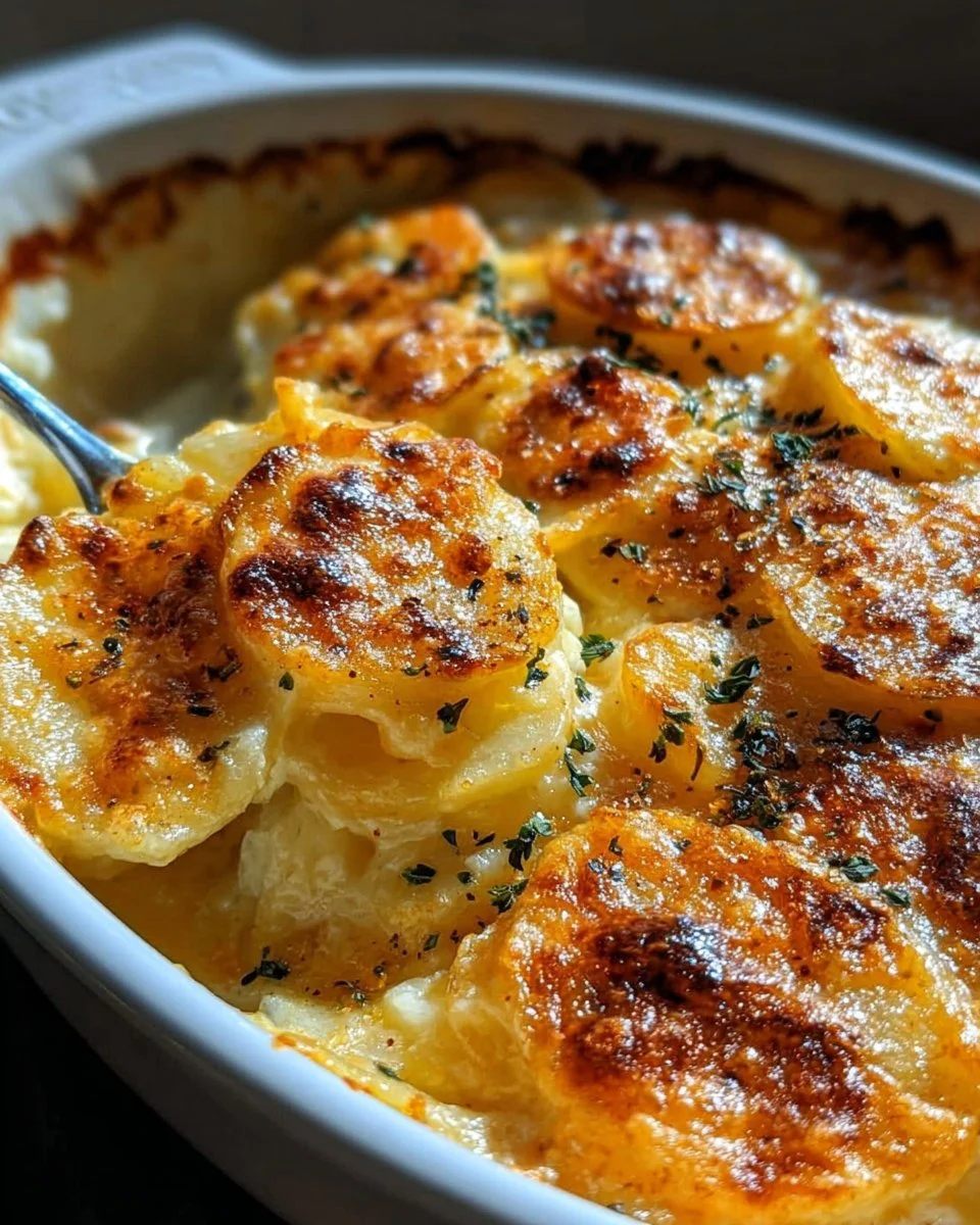 Delicious cheesy scalloped potatoes baked to golden perfection