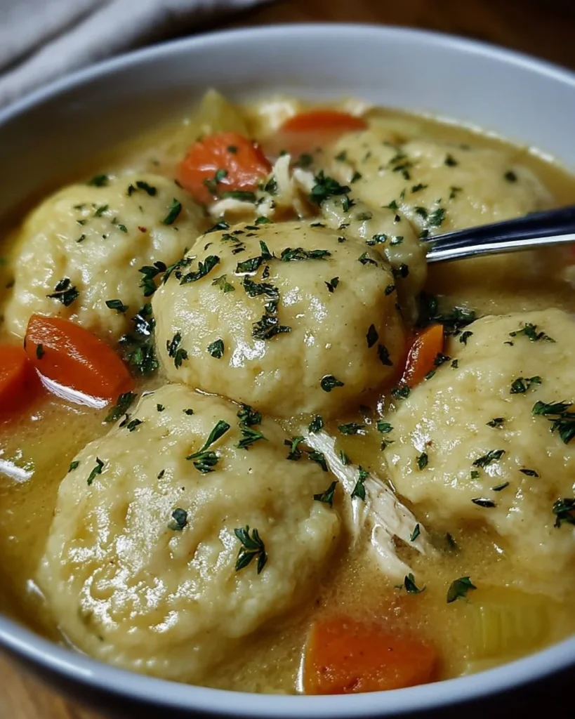 Bowl of delicious Chicken and Dumplings served with fresh herbs