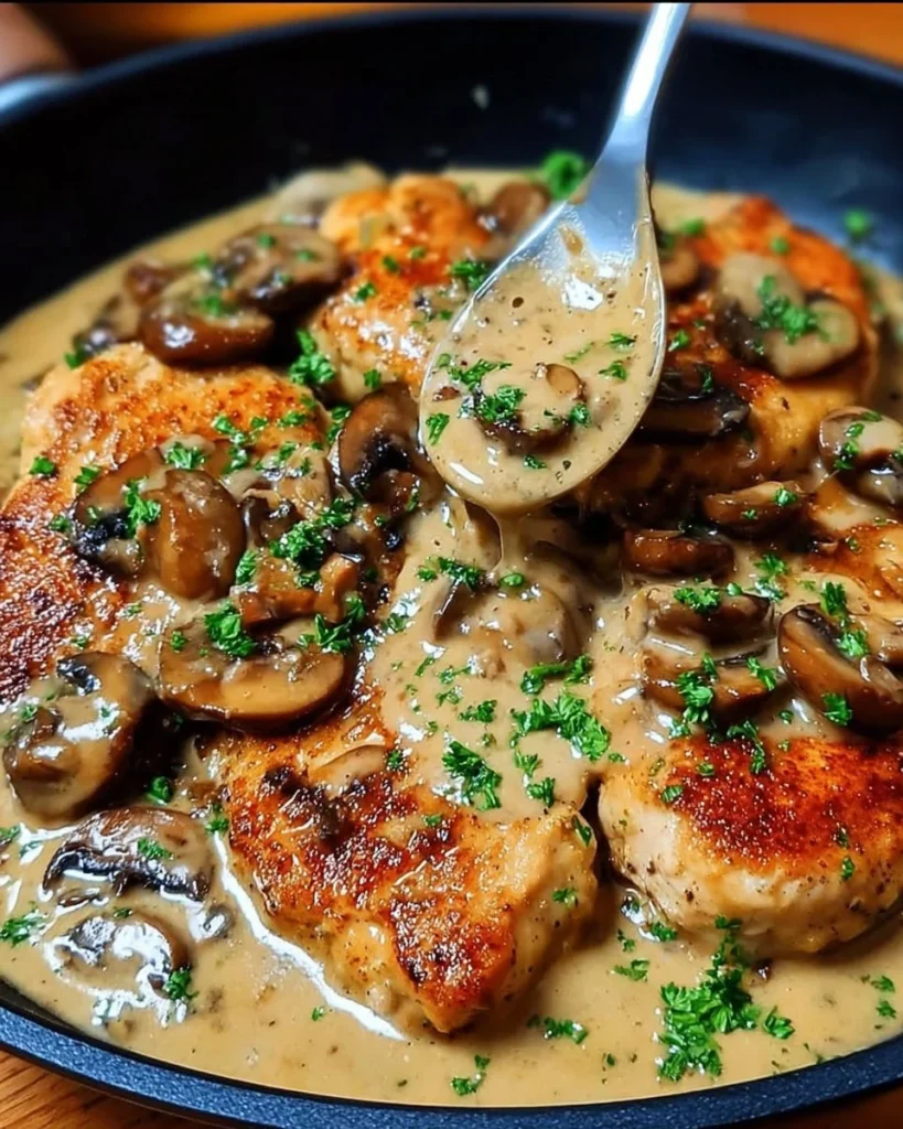 Chicken and mushroom skillet with creamy asiago and mustard sauce