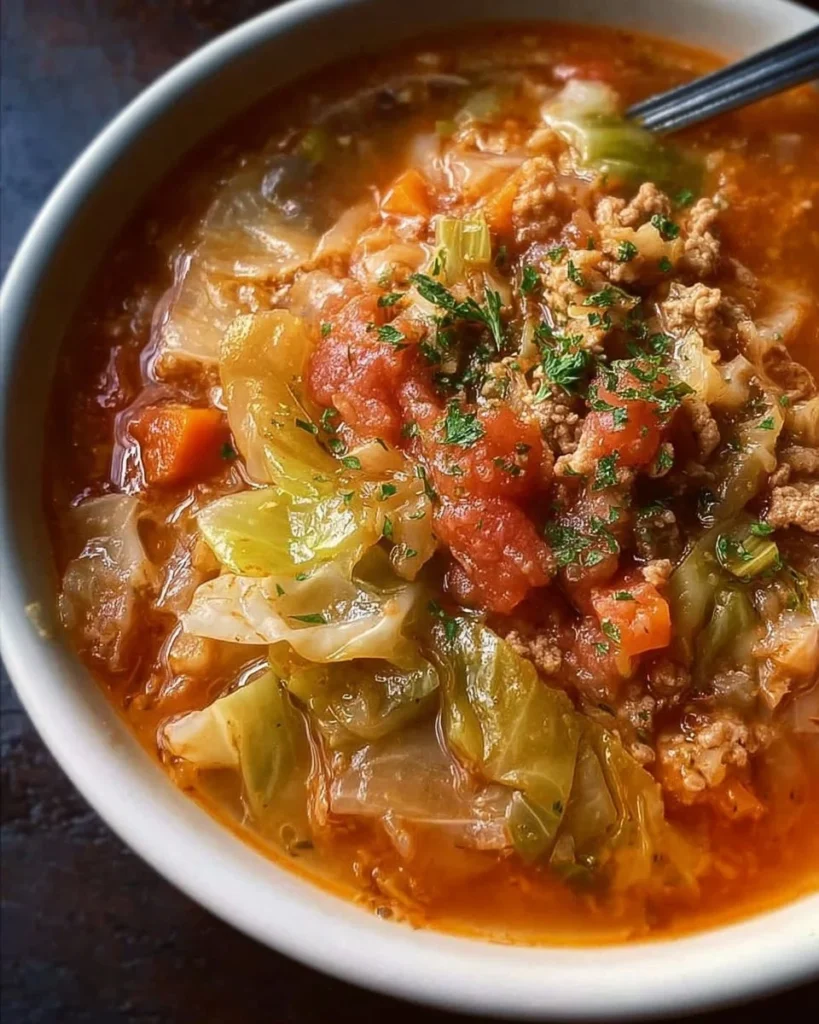 Bowl of comforting cabbage roll soup topped with fresh herbs and spices