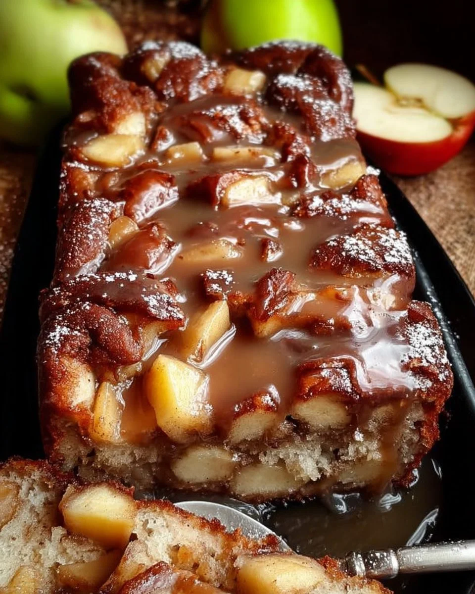 Freshly baked Country Apple Fritter Bread with apple chunks and cinnamon glaze
