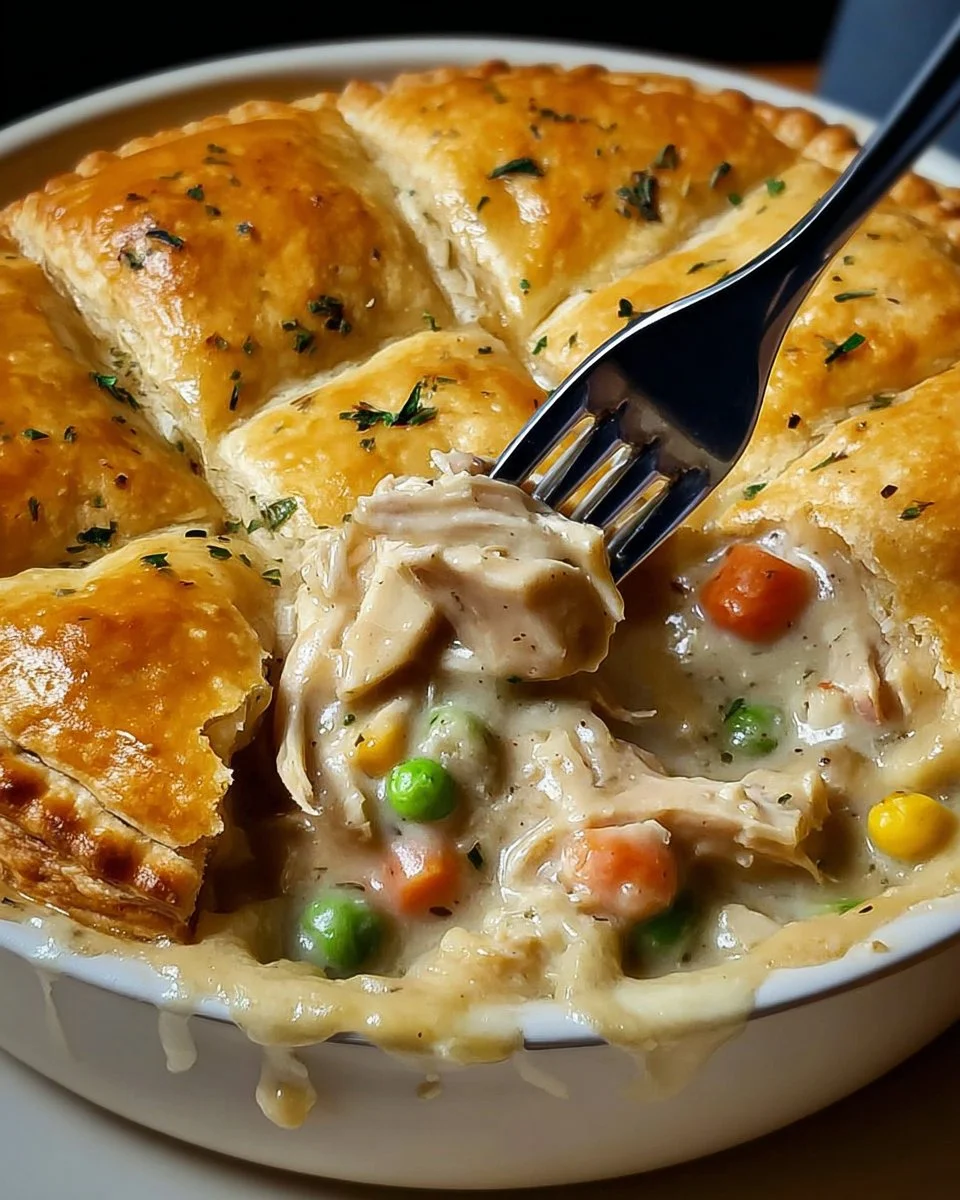 Delicious Crock Pot Chicken Pot Pie ready to serve with flaky crust and tender chicken.