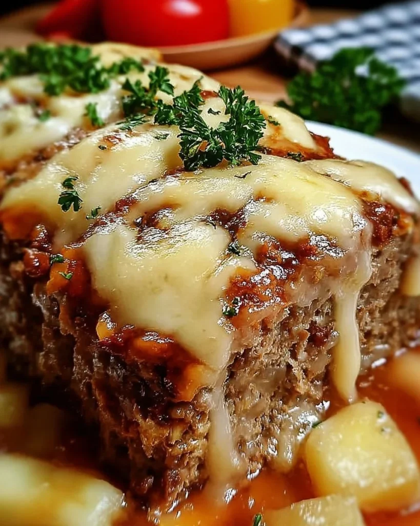 Crockpot French Onion Meatloaf topped with melted Swiss cheese