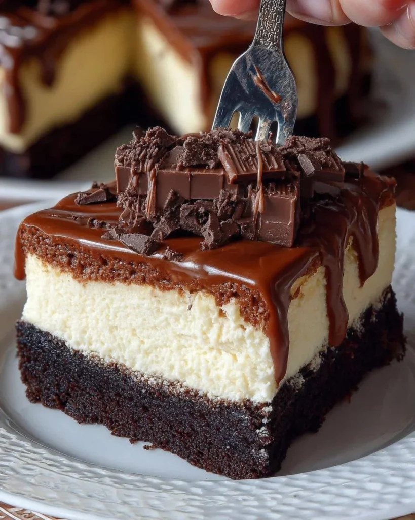 Decadent brownie bottom cheesecake with chocolate layers and creamy topping.