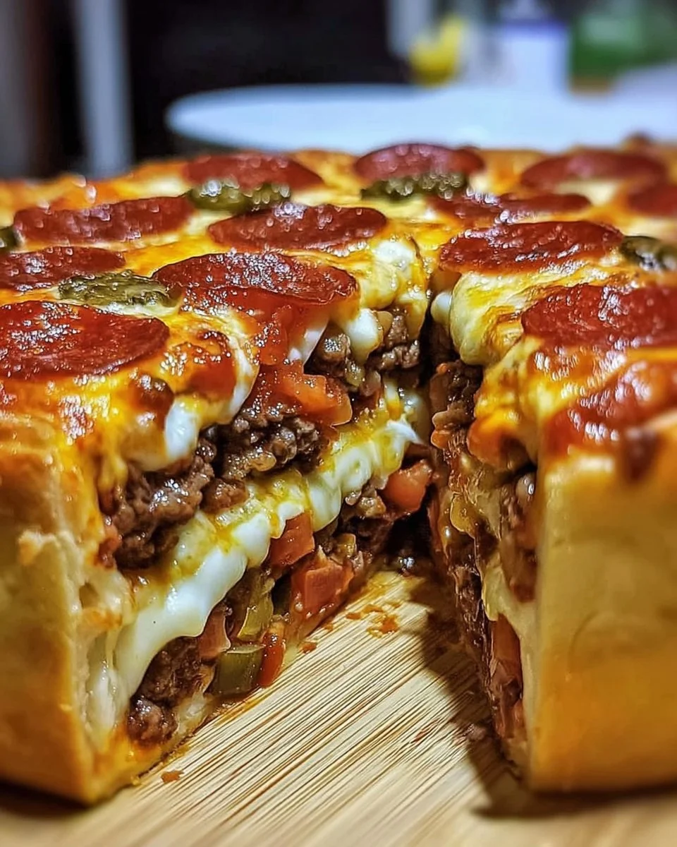 Deep-Dish Pizza Burger Pie topped with melted cheese and fresh ingredients