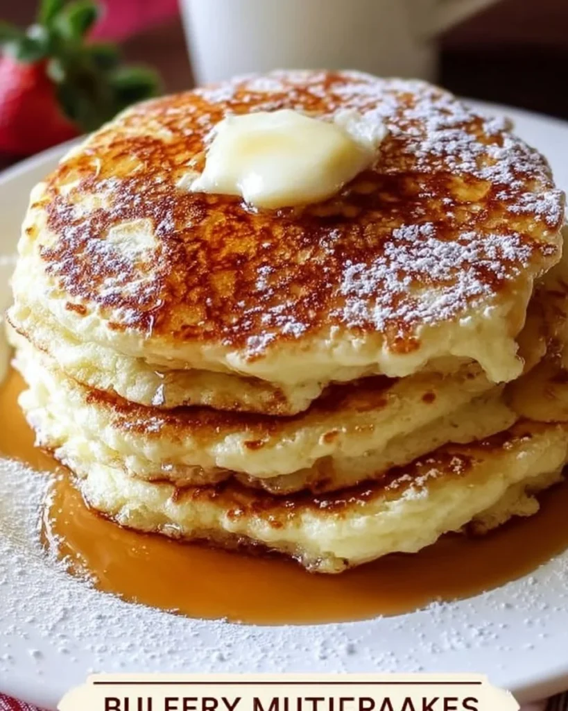 Fluffy buttermilk pancakes stacked with butter and syrup