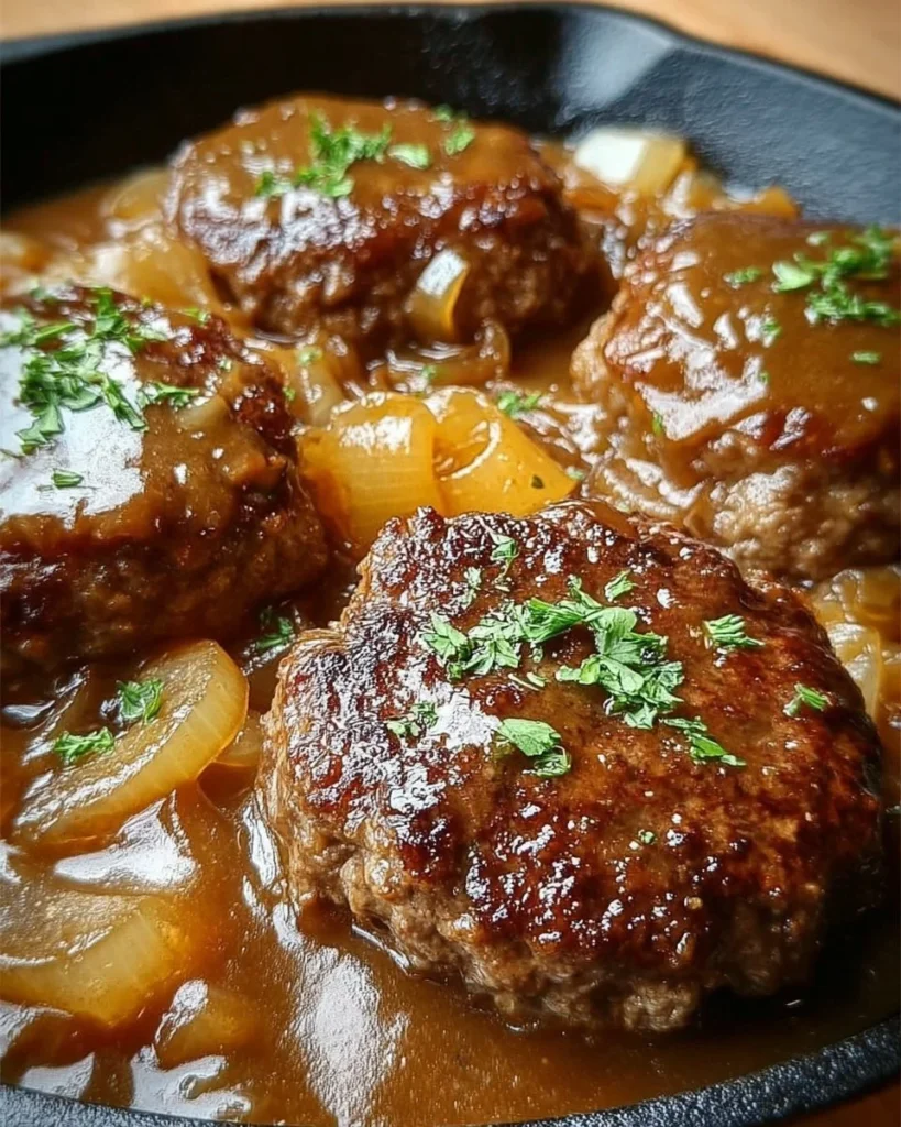 Delicious French Onion Salisbury Steak served with caramelized onions and rich gravy.
