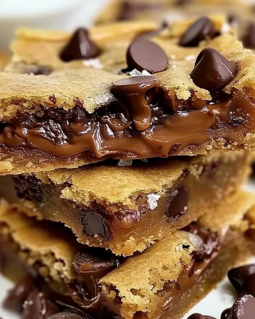 Gooey chocolate chip cookie bars ready to be enjoyed on a plate.