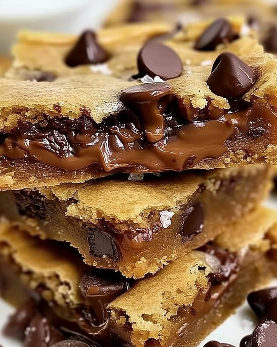 Gooey chocolate chip cookie bars ready to be enjoyed on a plate.
