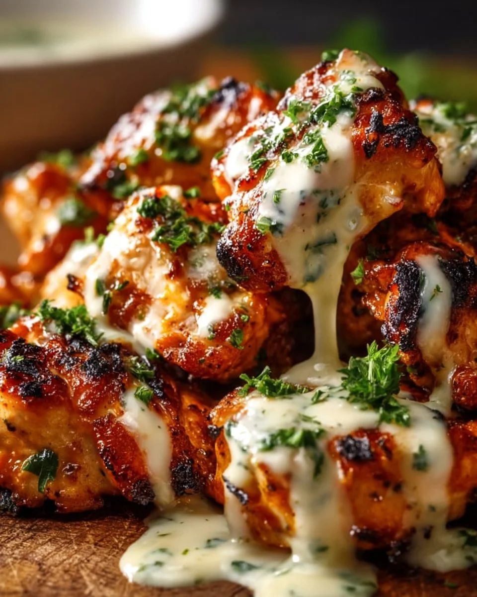 Delicious grilled chicken bites served with creamy garlic sauce