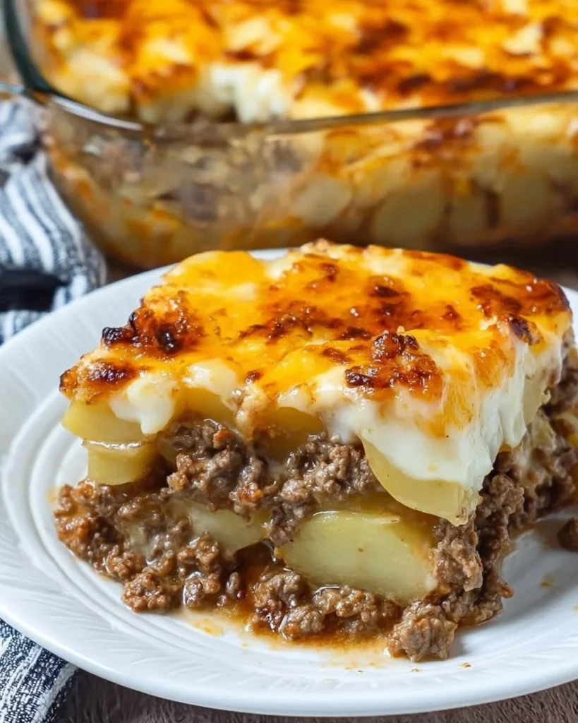 Ground beef and potato casserole baked to perfection in a golden crust.