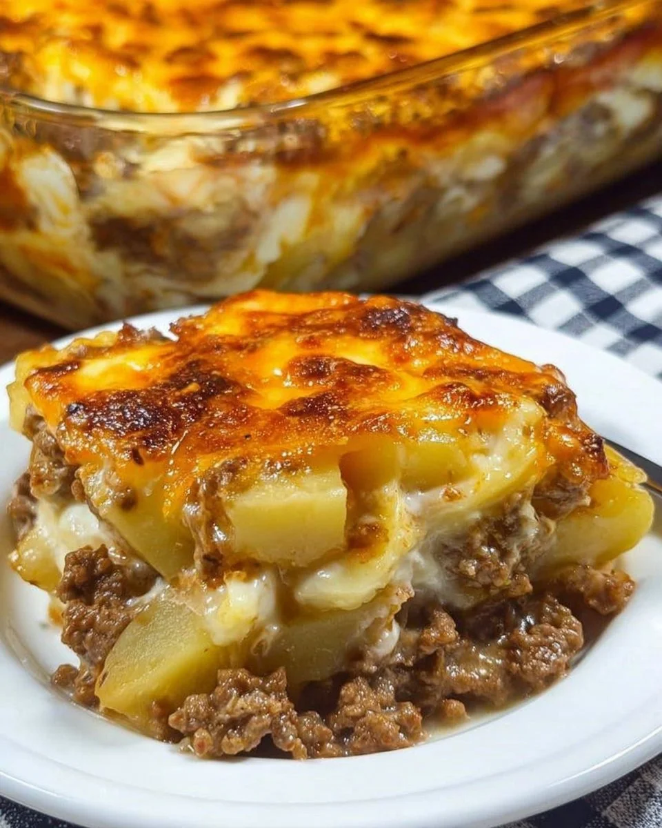 A hearty ground beef potato casserole topped with melted cheese and herbs.