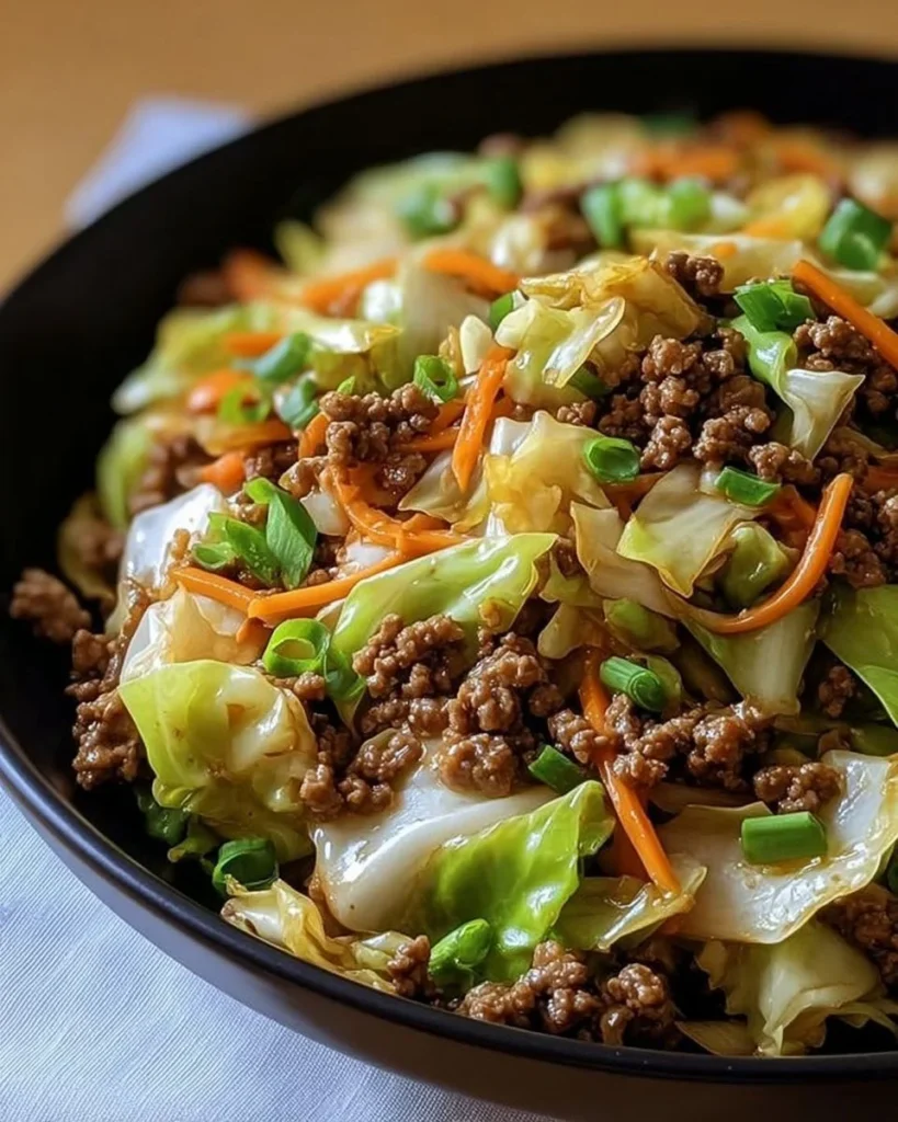 Healthy Chinese ground beef and cabbage stir fry served in a bowl