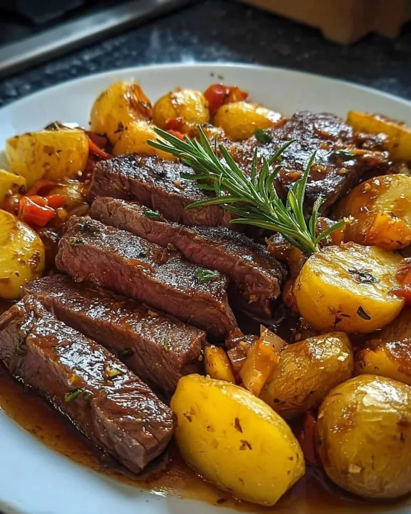 Honey Beef served with Roasted Potatoes on a plate