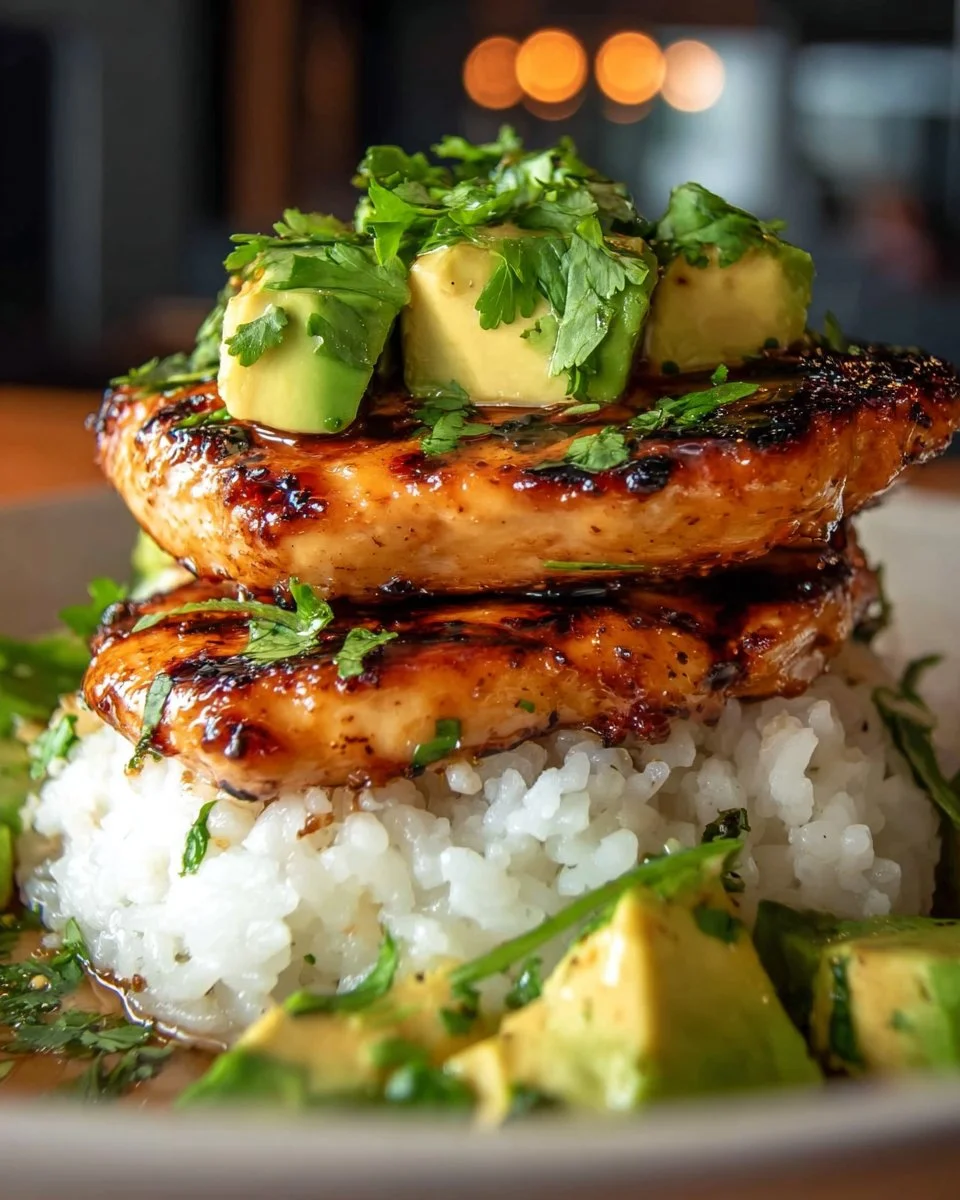 Honey Lime Chicken with avocado rice stacked high for a tasty meal.