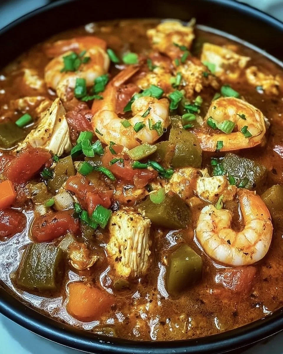 Bowl of Instant Pot Louisiana Gumbo with chicken and shrimp garnished with green onions