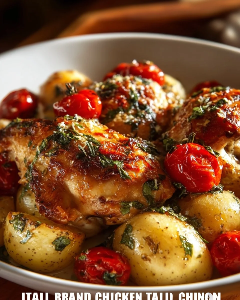 Italian baked chicken with potatoes on a plate, garnished with herbs