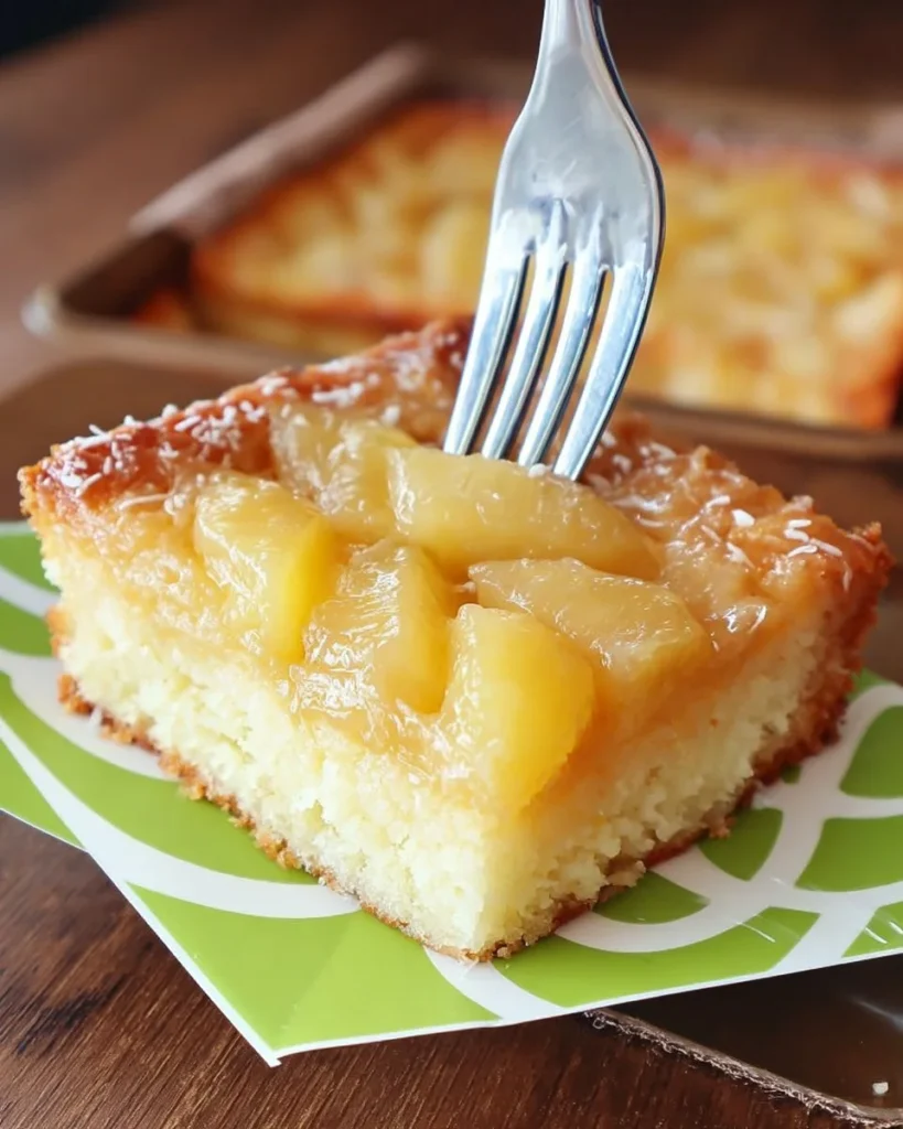 A slice of Juicy Pineapple Heaven Cake topped with fresh pineapple slices and cream.