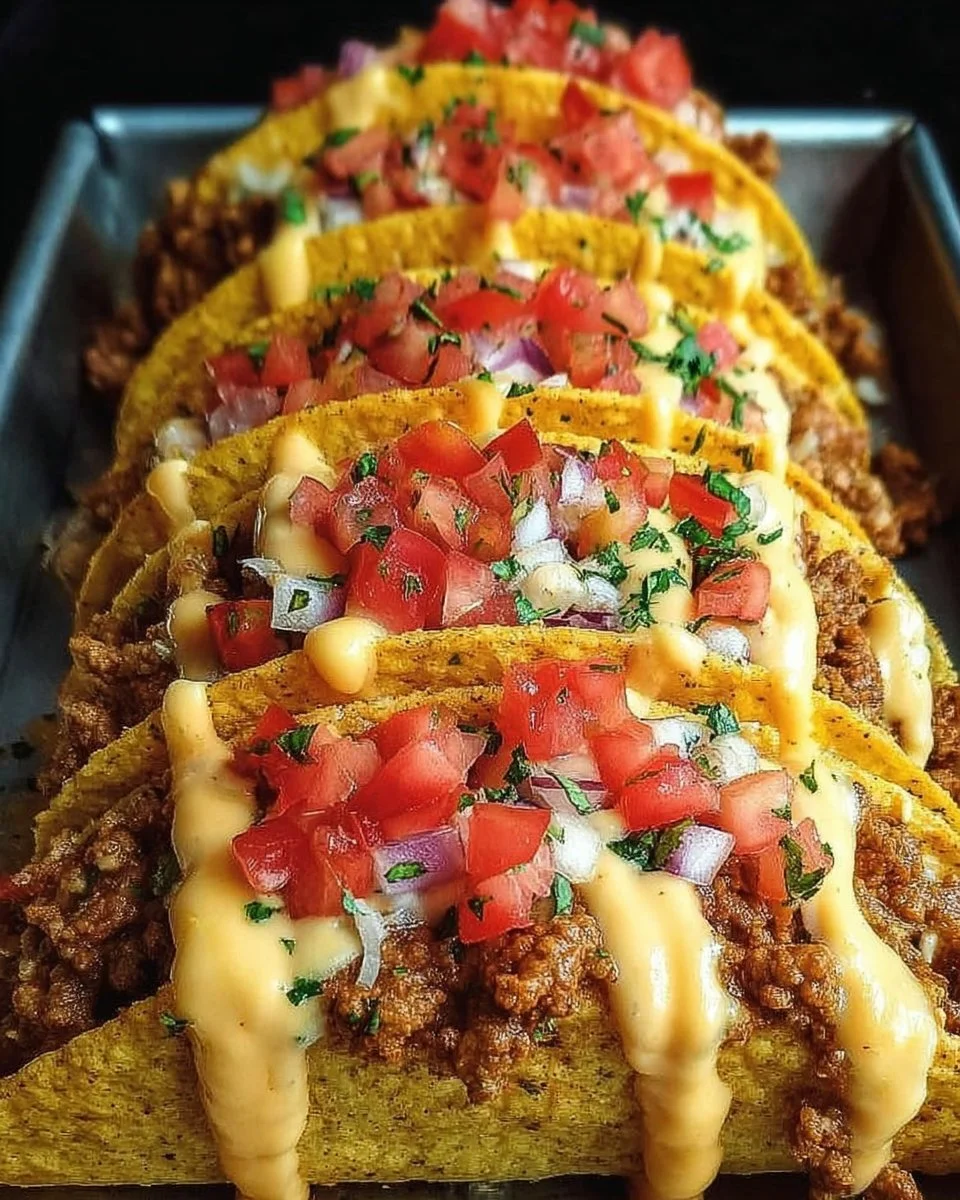 Delicious loaded taco shells topped with creamy cheese sauce, ready to serve.