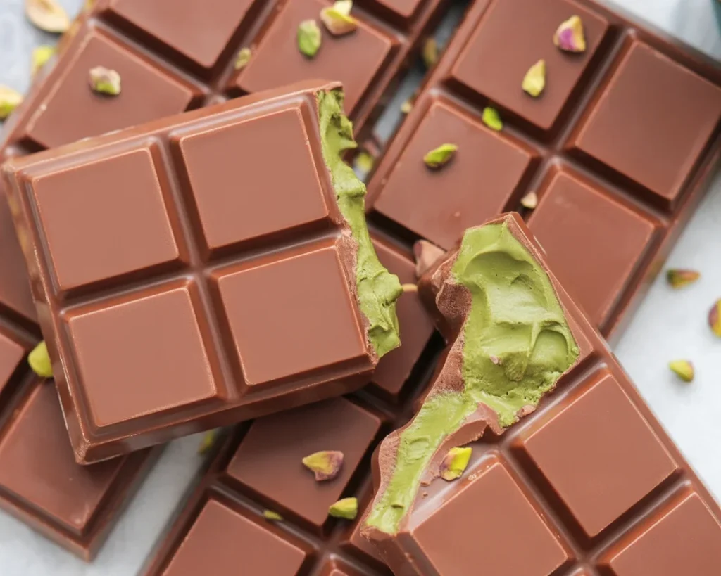 Homemade Dubai chocolate bar with pistachio butter and crispy pastry