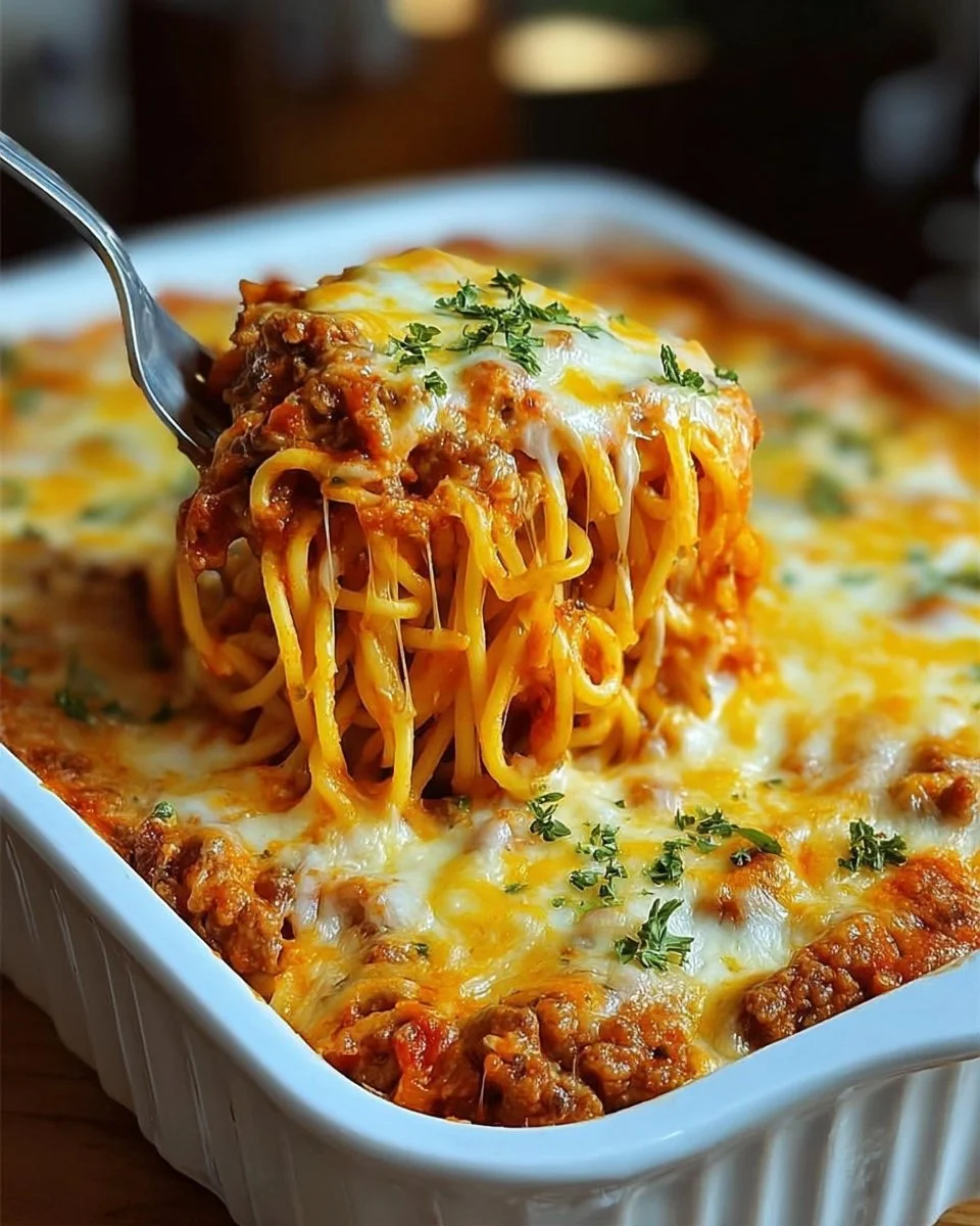 Delicious Million Dollar Spaghetti Casserole served on a plate with cheese and herbs.