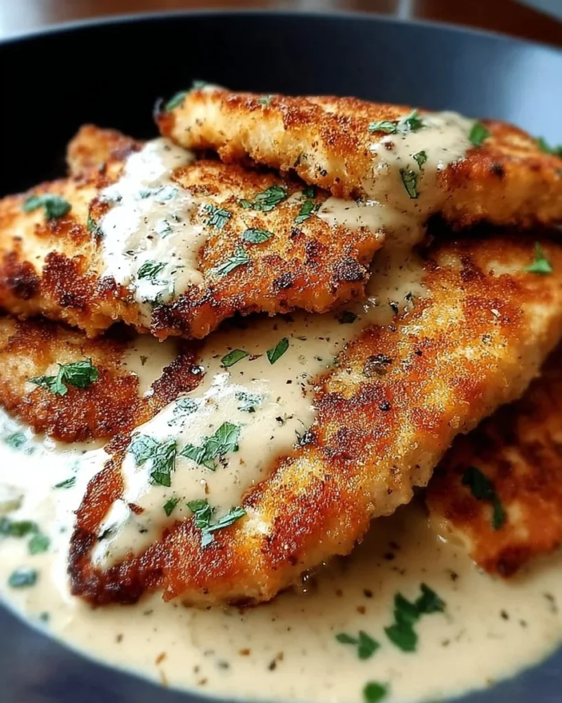 Delicious Parmesan Crusted Chicken served with fresh herbs and vegetables.