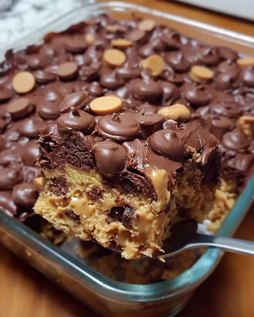 Delicious Peanut Butter Cup Dump Cake topped with chocolate and peanut butter cups.