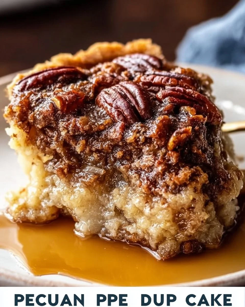 Delicious pecan pie dump cake ready to serve, featuring a golden crust and nutty topping.