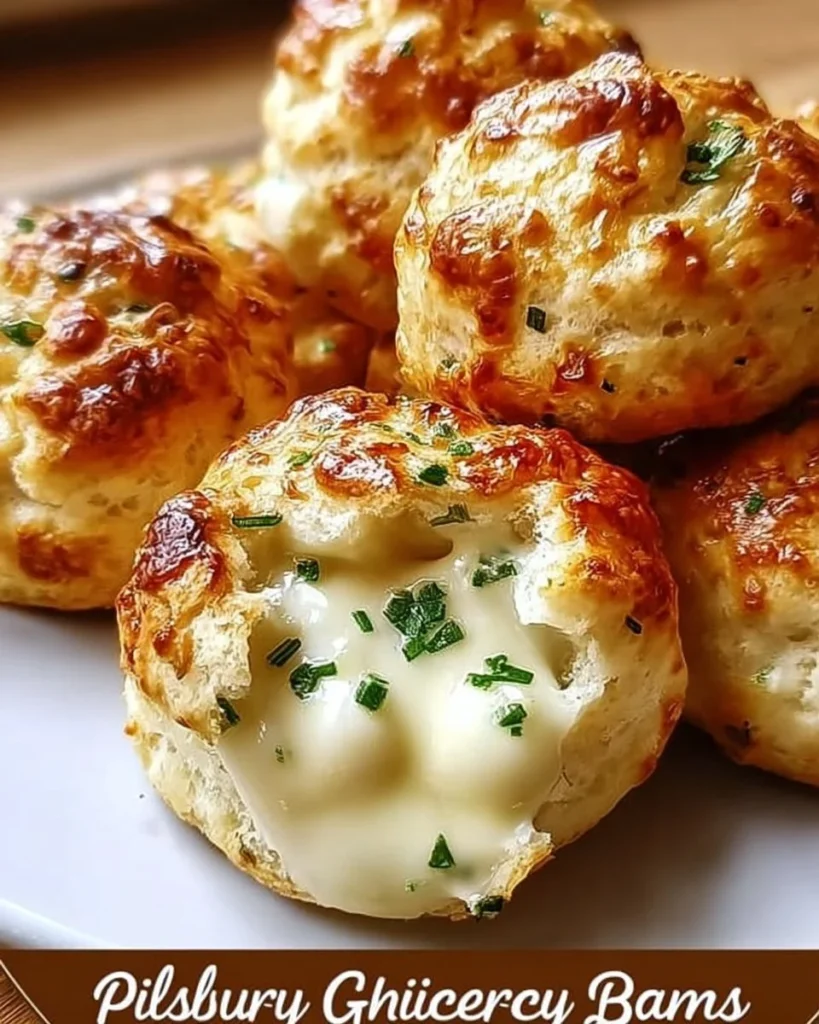 Pillsbury biscuit garlic butter cheese bombs fresh out of the oven, cheese oozing.