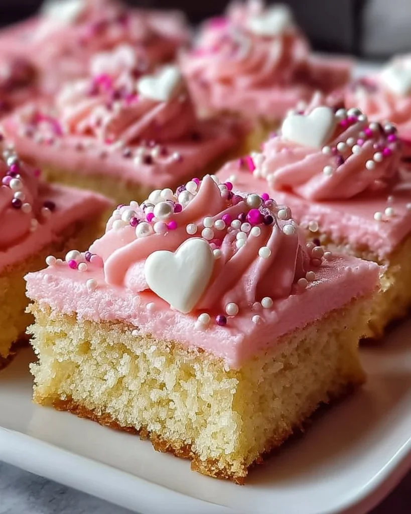 Pink Party Vanilla Cake Bars topped with frosting and sprinkles