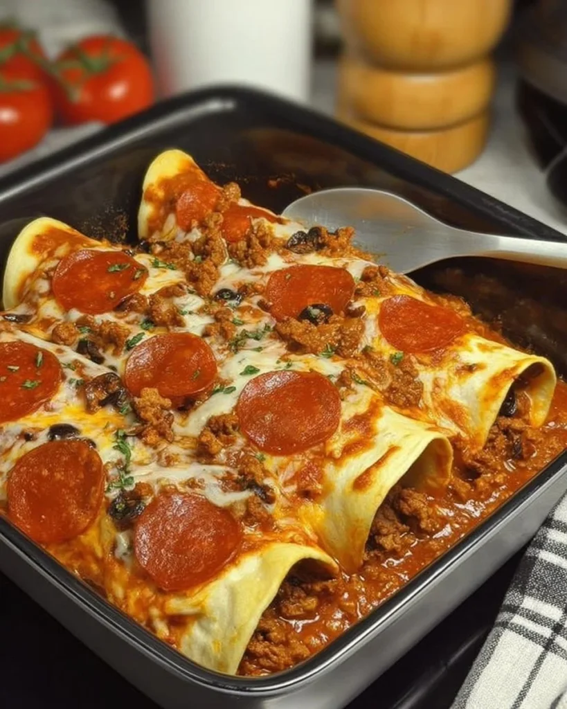 Pizza Enchiladas topped with ground beef and melted cheese