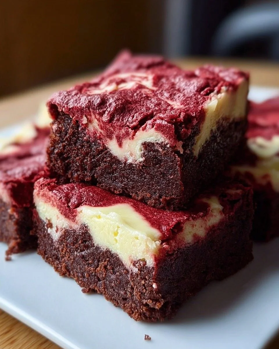Delicious Red Velvet Cream Cheese Brownies served on a plate