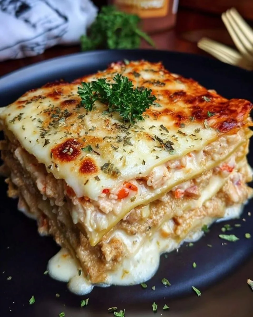 Delicious Seafood Lasagna with Shrimp and Crab served on a plate