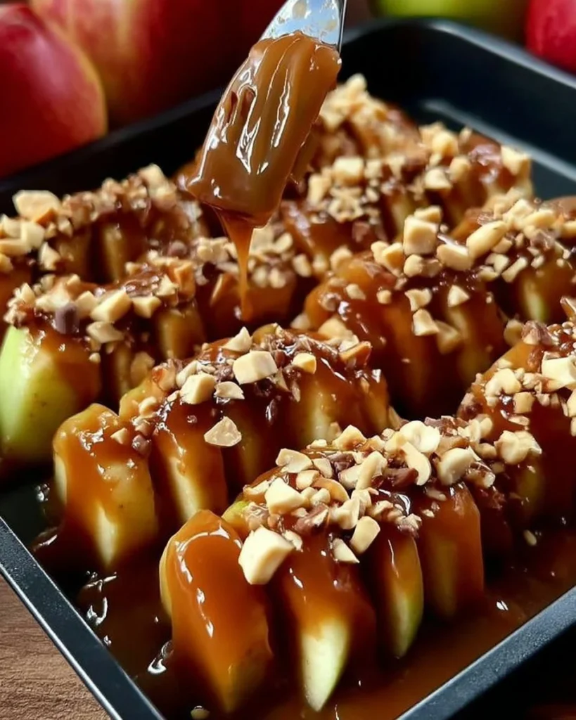 Sheet Pan Caramel Apples topped with nuts and sprinkles on a baking sheet