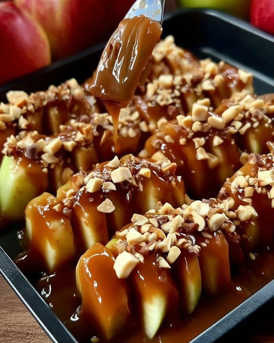 Sheet Pan Caramel Apples topped with nuts and sprinkles on a baking sheet