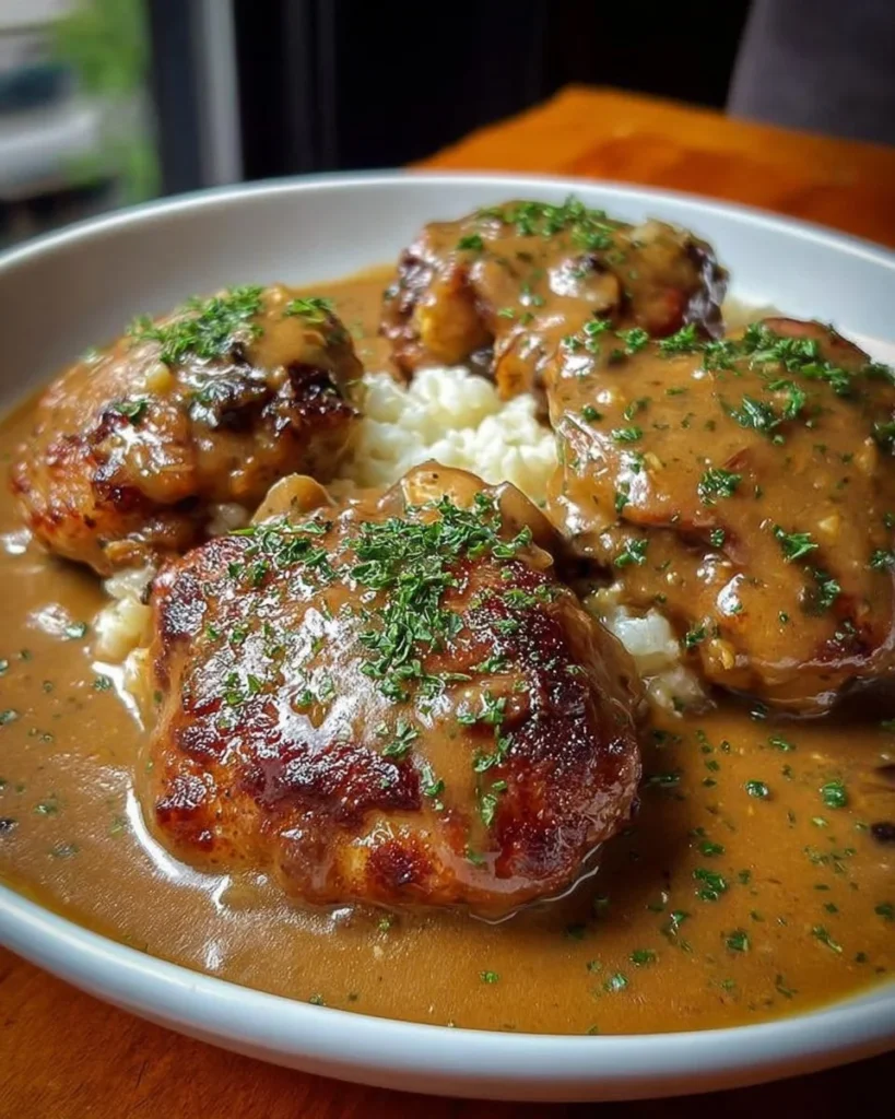Delicious Smothered Chicken Thighs served with creamy gravy