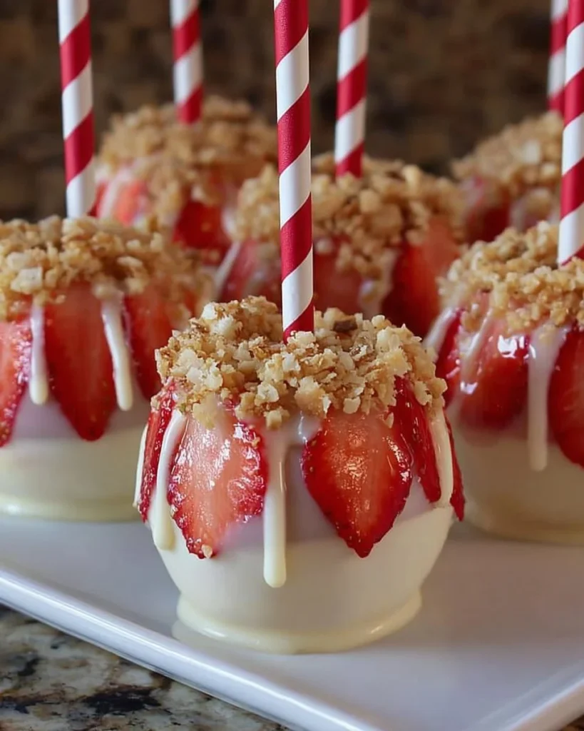 Strawberry Shortcake Candy Apples with vibrant strawberries and sweet candy coating