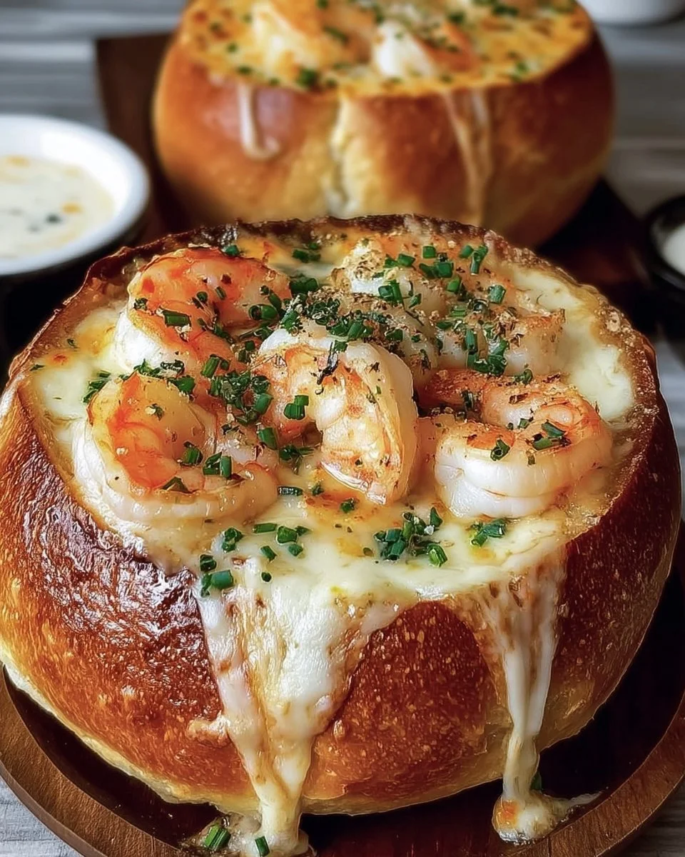 Stuffed seafood bread bowl filled with shrimp, crab, and herbs