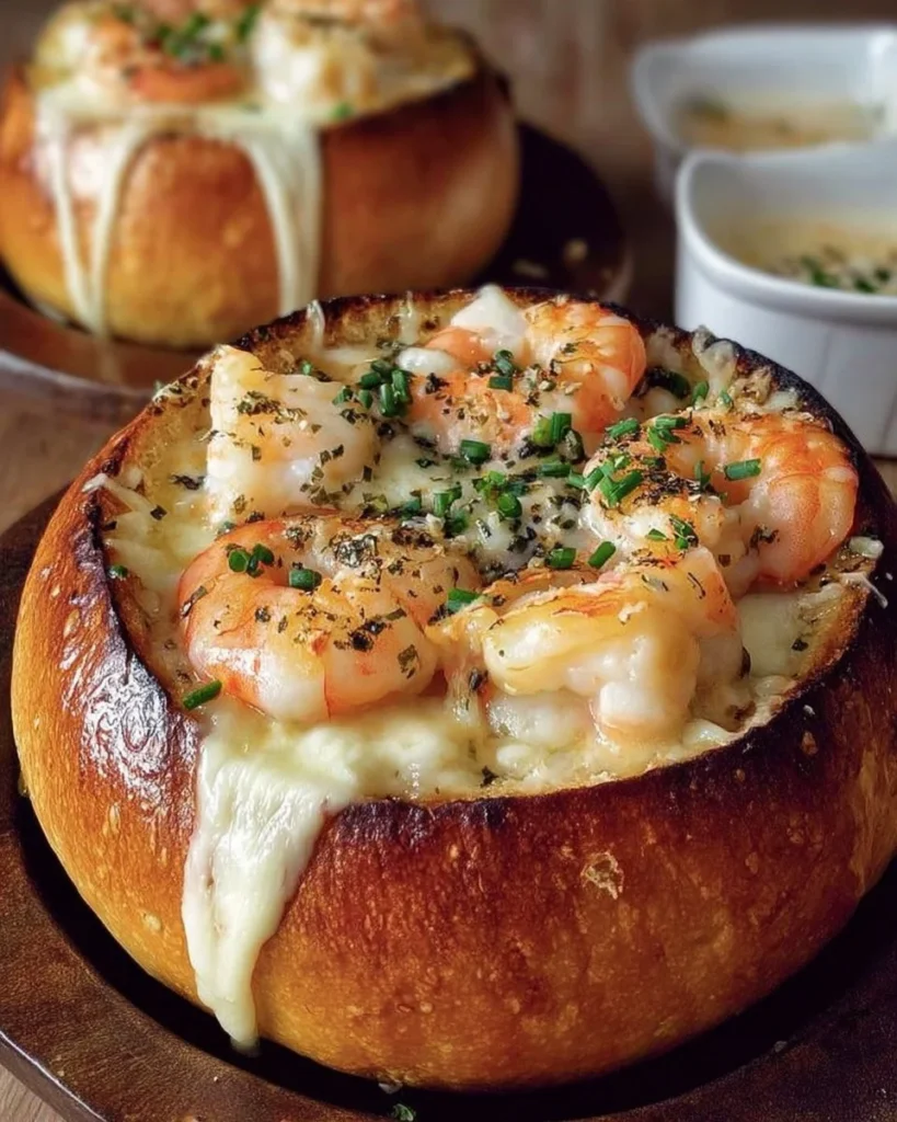Stuffed seafood bread bowl filled with shrimp and crab in a crispy bread shell