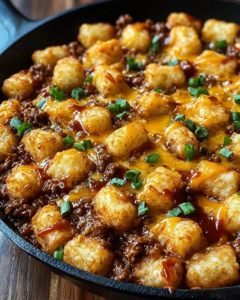 Tater Tot Sloppy Joe Skillet with cheese and diced tomatoes in a cast iron pan
