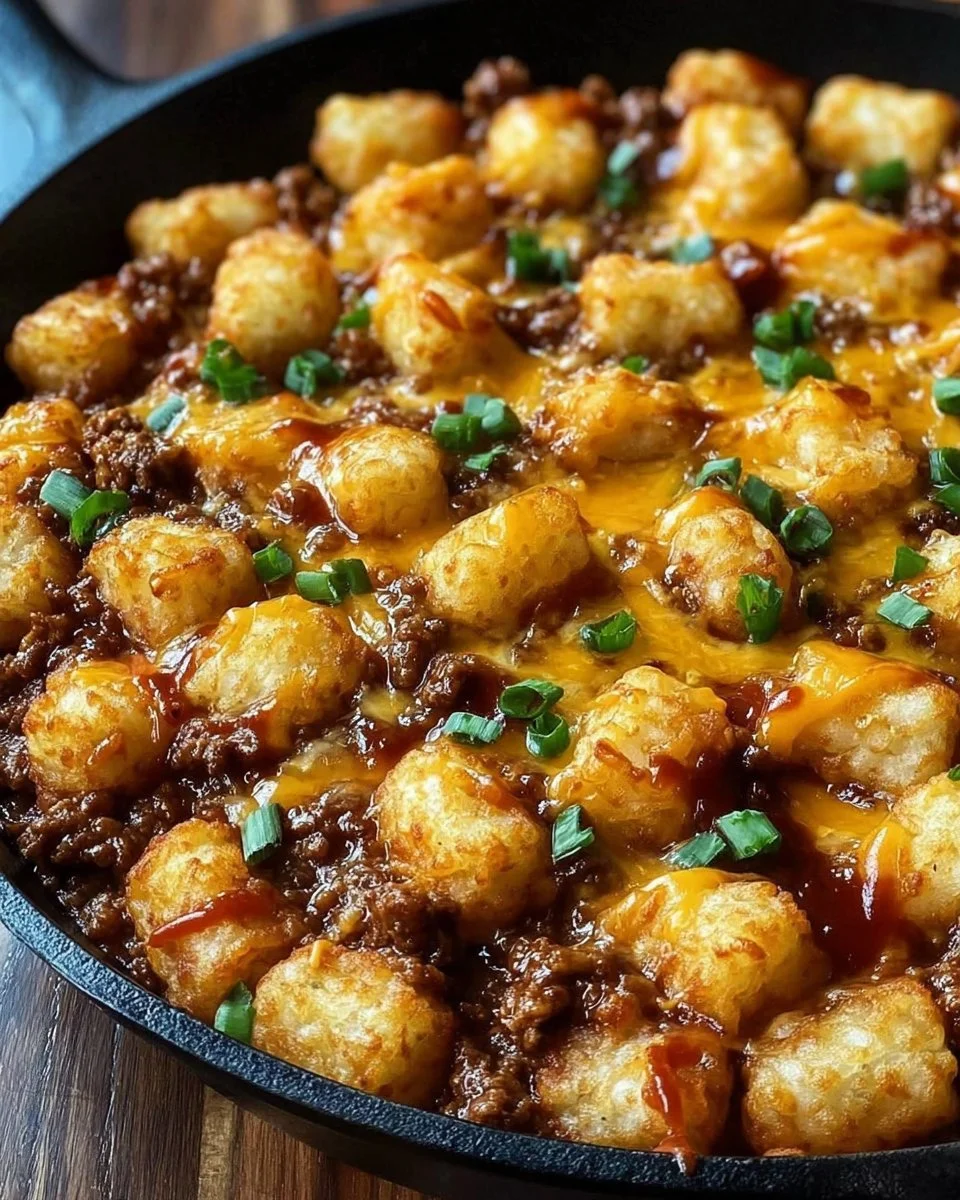 Tater Tot Sloppy Joe Skillet with cheese and diced tomatoes in a cast iron pan